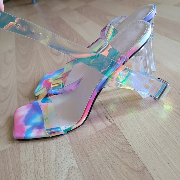 Iridescent Block Heel Sandals Transparent Laser Evening Party - Picture 4 of 9